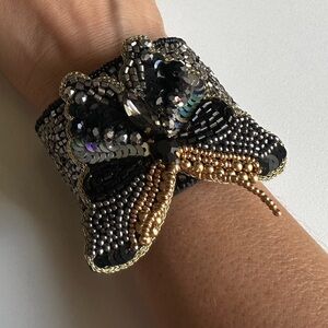 Hand made Beaded Butterfly Cuff Set earrings Black Gold Bracelet Halloween